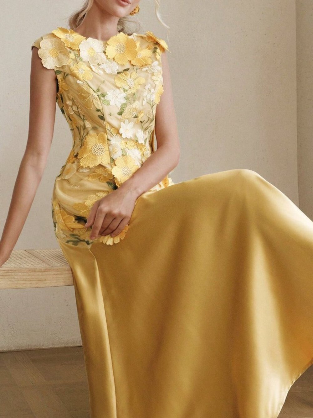 Yellow Elegant Women's A-Line Dress With 3d Floral - Picture 7 of 7